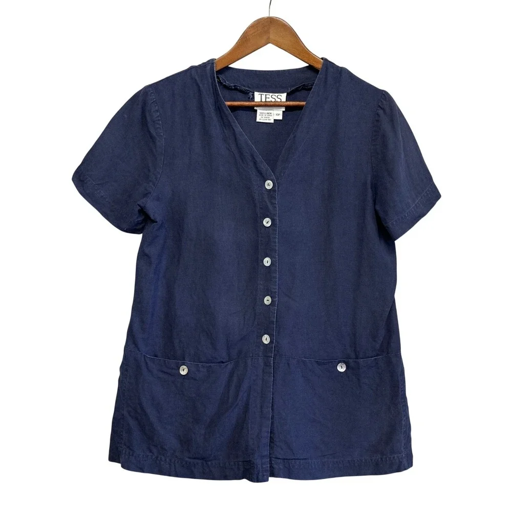 Womens Lagenlook Blouse Top Size 10P 100% Linen Button Front Short Sleeve Pocket